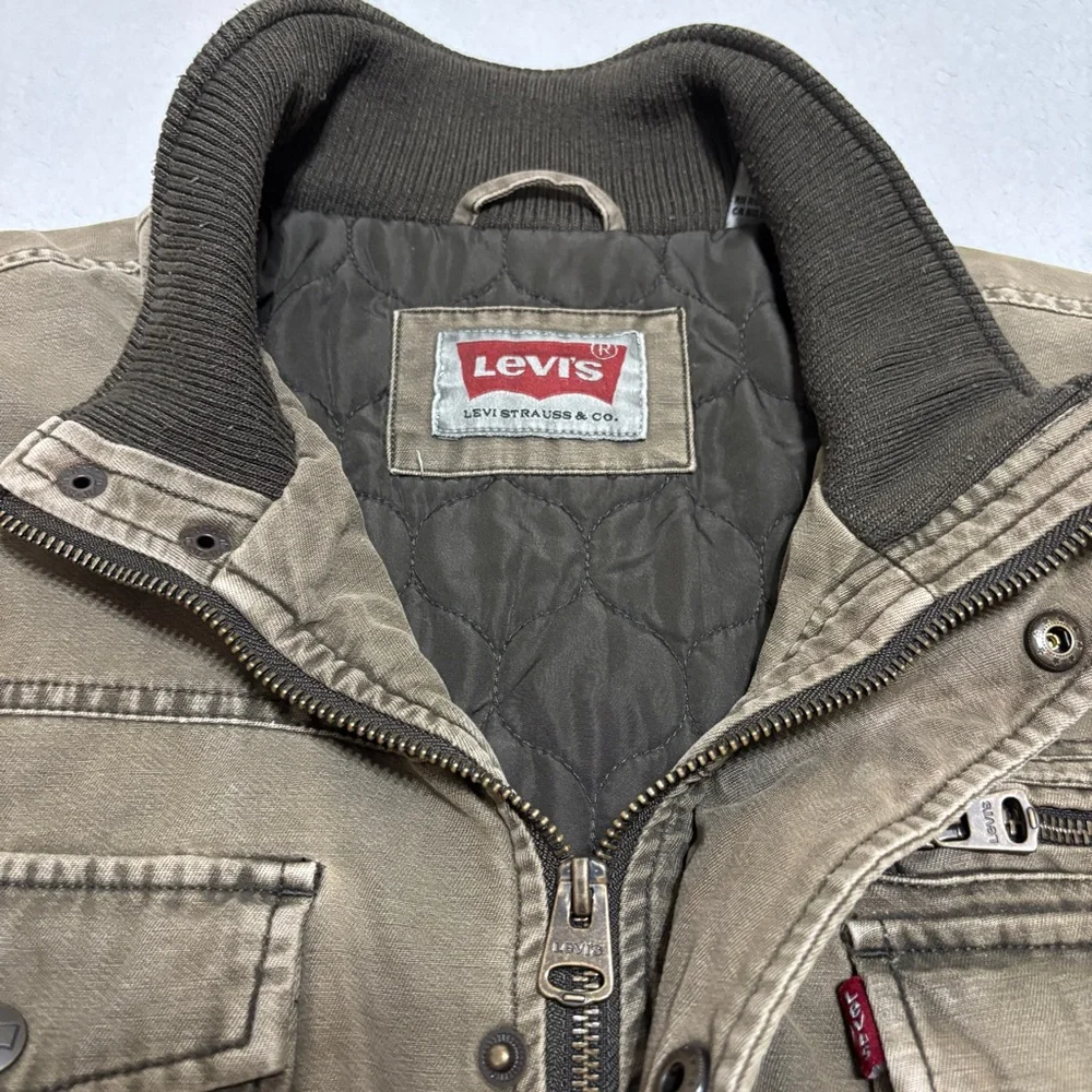 Levi's Men's Brown Quilted Green Military Jacket Zip Button Stand Collar Size L - Picture 5 of 14
